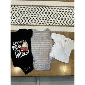 3-bodysuits - Black Graphic, Gray Striped, White Wrap Shirt